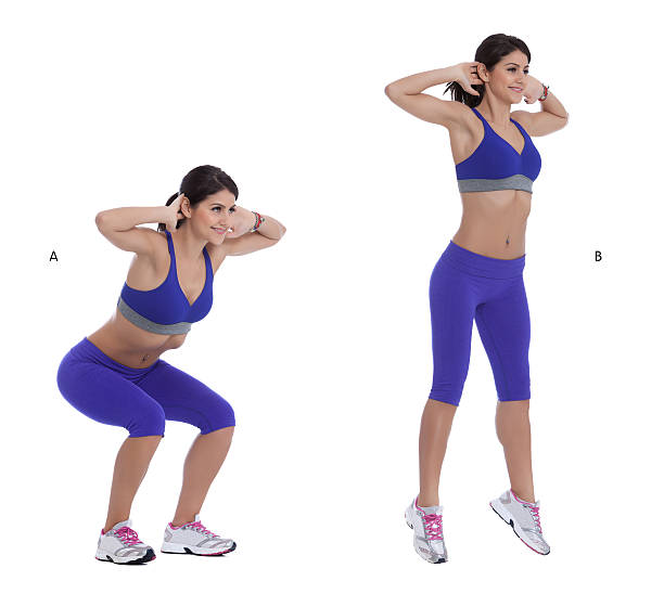 Jump squats Step by step instructions: Stand with your feet shoulder, width apart and place your hands behind your head. (A) Squat until your thighs are parallel to the floor, then explode off upward, jumping as high as you can. (B) womens field event stock pictures, royalty-free photos & images