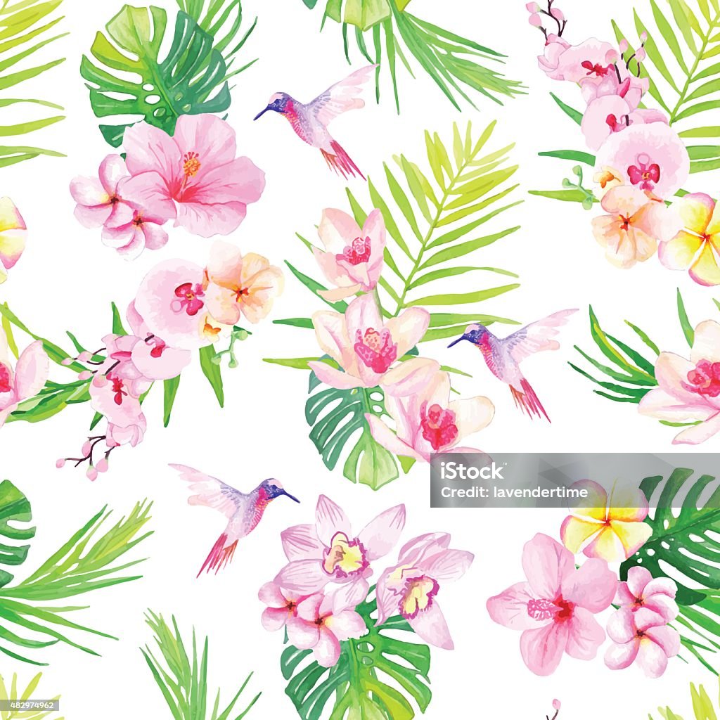 Hummingbirds and flowers seamless vector pattern Hummingbirds and tropical flowers seamless vector pattern Watercolor Painting stock vector