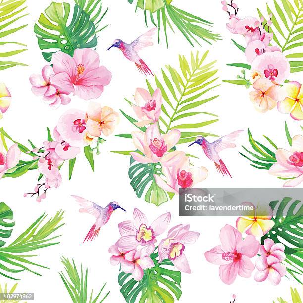 Hummingbirds And Flowers Seamless Vector Pattern Stock Illustration - Download Image Now - Watercolor Painting, Orchid, Flower