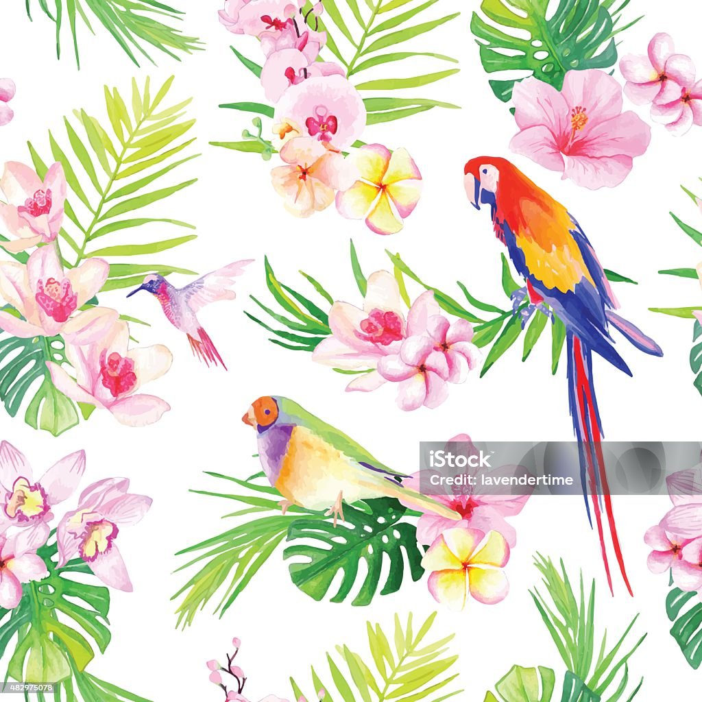 Bright tropical leaves with flowers seamless vector print Bright tropical leaves with flowers and birds seamless vector print Watercolor Painting stock vector