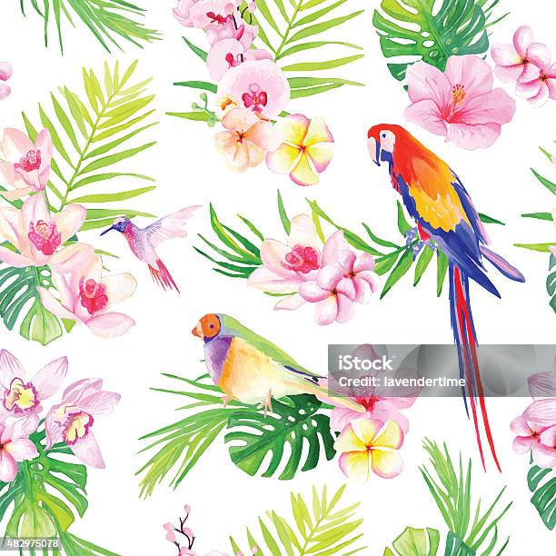 Bright Tropical Leaves With Flowers Seamless Vector Print Stock Illustration - Download Image Now