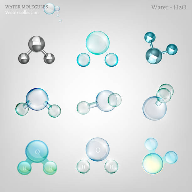 Water molecules set Vector set of water molecules in different graphic styles. Transparent, metallic and glossy molecules useful for scientific articles, magazine covers, brochures and leaflets. h2o model stock illustrations