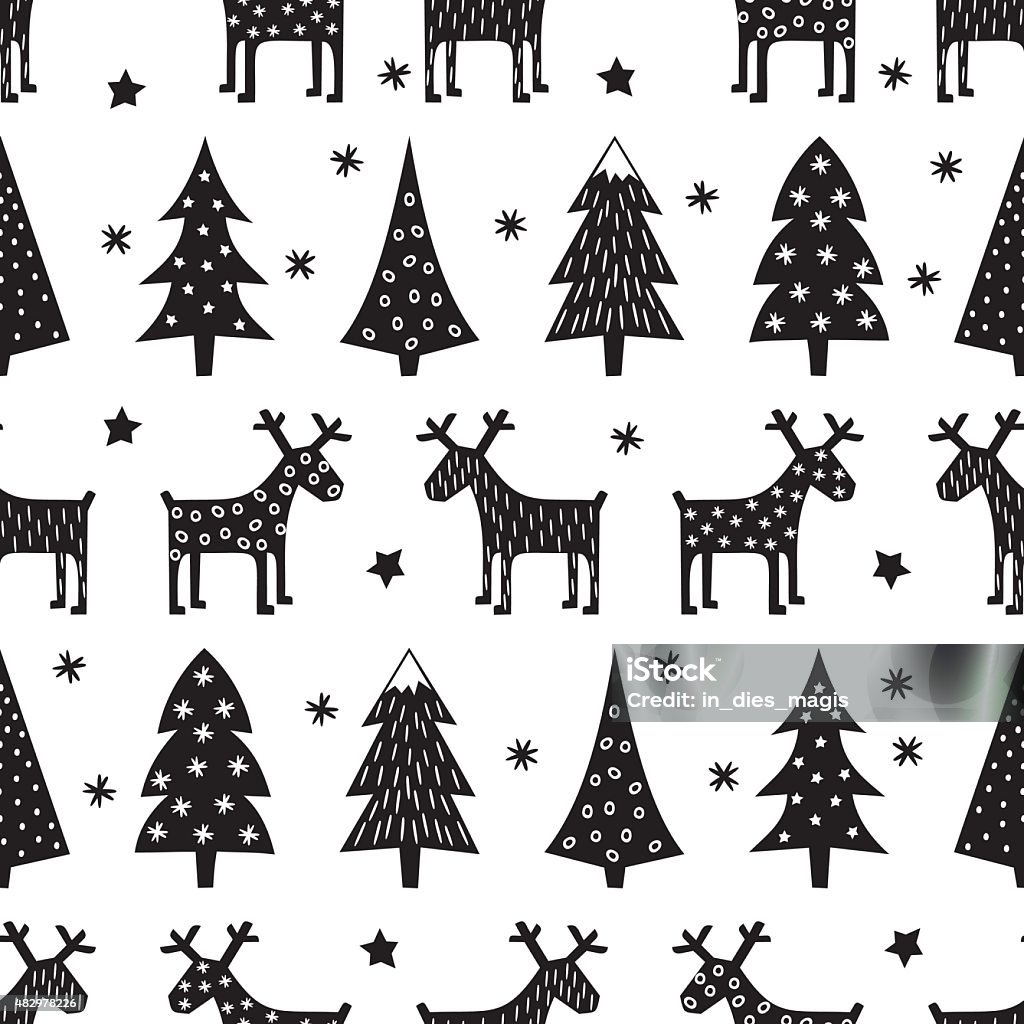 Sans couture rétro motif de Noël, Arbre de Noël, flocons de neige et de renne étoiles - clipart vectoriel de Scandinave libre de droits
