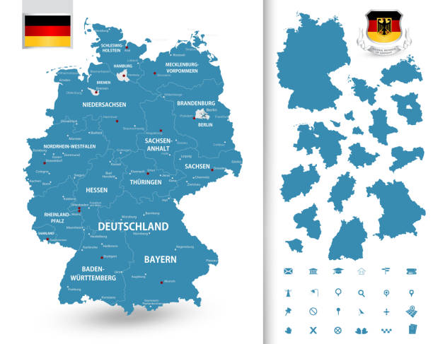 Map of Germany with its federal states Highly detailed map of Germany with administrative divisions(states), cities and pictogram navigation icons.  hesse germany stock illustrations