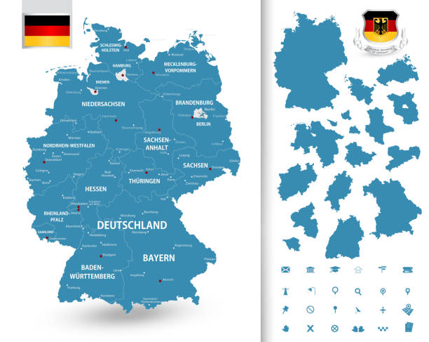 Map of Germany with its federal states Highly detailed map of Germany with administrative divisions(states), cities and pictogram navigation icons. germany map regions stock illustrations