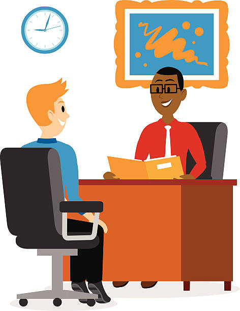 Young Man Getting A Job Interview Clipart a clipart of a businessman  doing job interview with a young man as one of the applicants, while reviewing his resume   interview event clipart stock illustrations