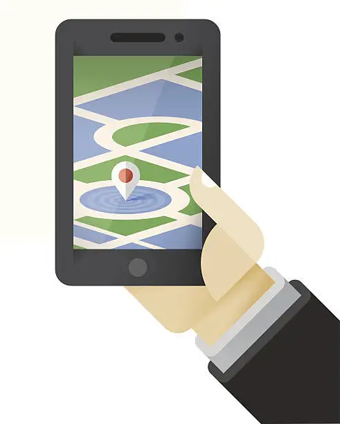 Vector illustration of Businessman hand holding mobile phone with navigation map pin pointer