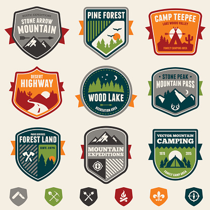 Set of vintage woods camp badges and travel emblems.