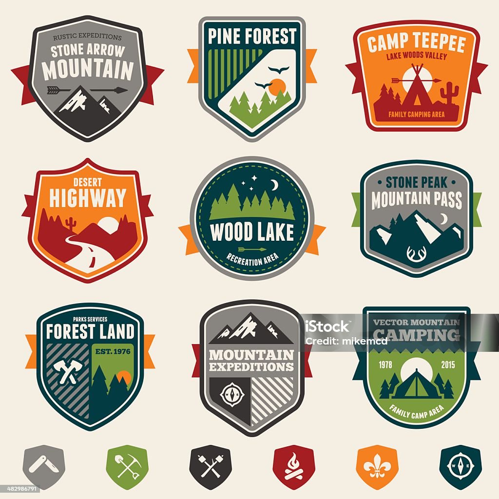 Woods badges and icons Set of vintage woods camp badges and travel emblems. Badge stock vector