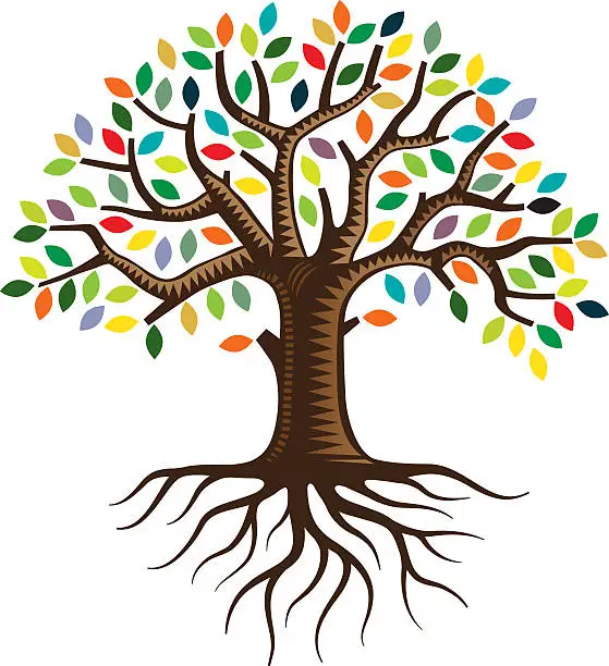 Vector illustration of Tree with roots and brightly colored leaves