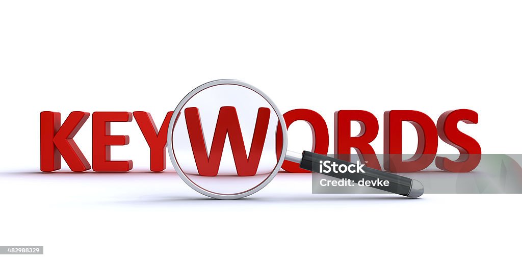 Keyword search 3d keyword text and a magnifying glass on the white background Aspirations Stock Photo