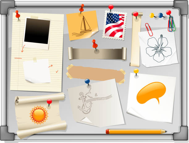 illustrazioni stock, clip art, cartoni animati e icone di tendenza di in bacheca - bulletin board speech bubble paper thumbtack