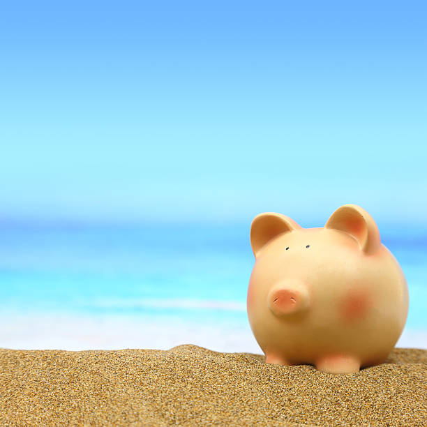 istock Summer piggy bank on the beach 482991077