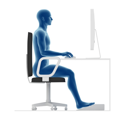 Guidance ergonomics. Proper posture to sit and work on office desk, with footrest.