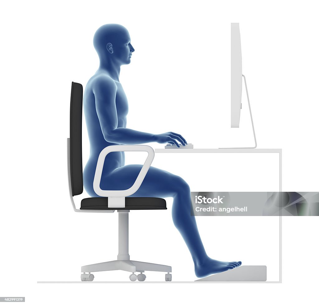Ergonomics, proper posture to sit and work on office desk Guidance ergonomics. Proper posture to sit and work on office desk, with footrest. Ergonomics Stock Photo