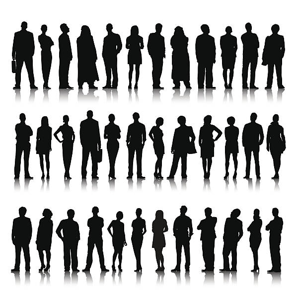 illustrazioni stock, clip art, cartoni animati e icone di tendenza di silhouette di variopinta folla di persone d'affari - group of people multi ethnic group white background business