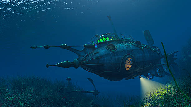 Futuristic Steampunk Submarine 3d render of Futuristic Steampunk Submarine nautilus stock pictures, royalty-free photos & images