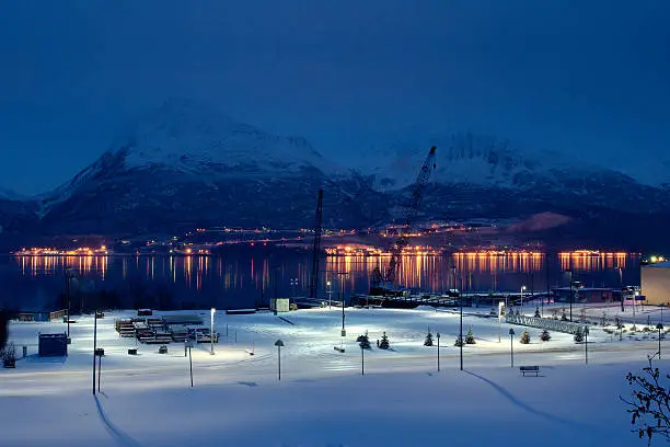 Lights of night city in Alaska
