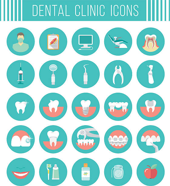 Dental clinic services flat icons Set of modern flat vector conceptual icons of dental clinic services, stomatology, dentistry, orthodontics, oral health care and hygiene, tooth restoration, dental instruments and tools. orthodontist stock illustrations