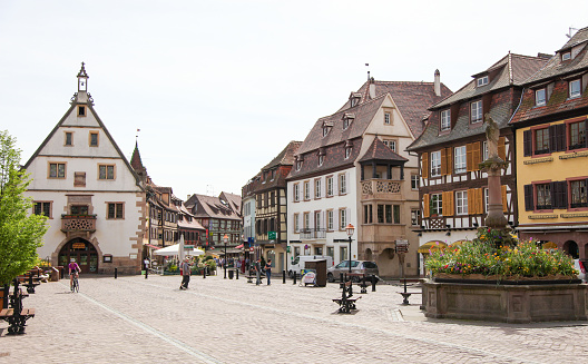 Obernai, France - May 11, 2015: Unidentified people at the Market square in the old center of Obernai, Bas-Rhin, Alsace, France