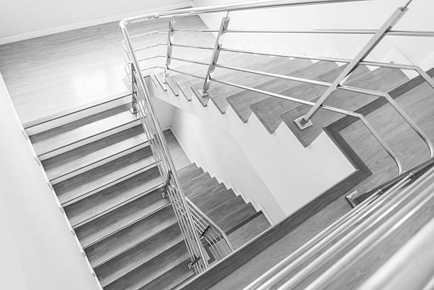 istock Three floor with wooden stairs in black and white 483010988