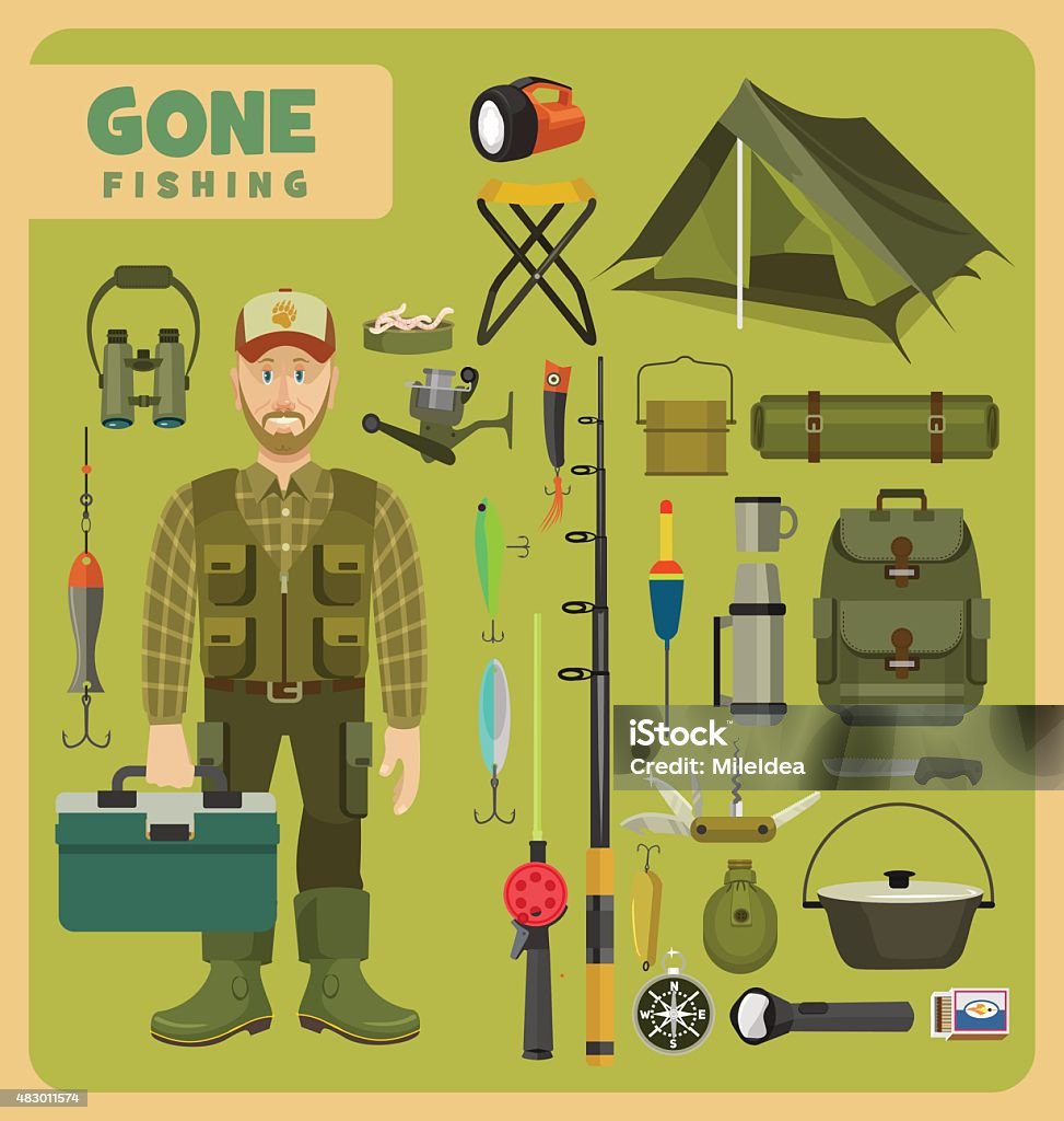 Gone fishing Illustration of a fisherman with all the necessary things for fishing. Trucker's Hat stock vector