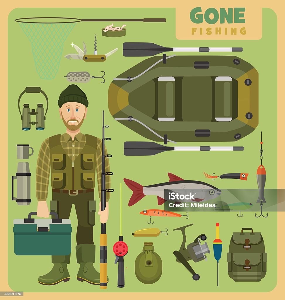 Gone fishing with fisher Illustration of a fisherman with a set for fishing Camping stock vector
