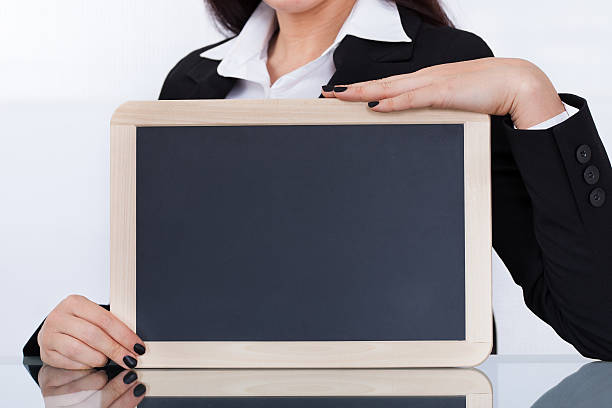 istock Businesswoman Showing Blank Chalkboard 483017896