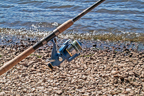 le câble sur un vélo de spinning en courbe pour la pêche - pebble water gray silver photos et images de collection