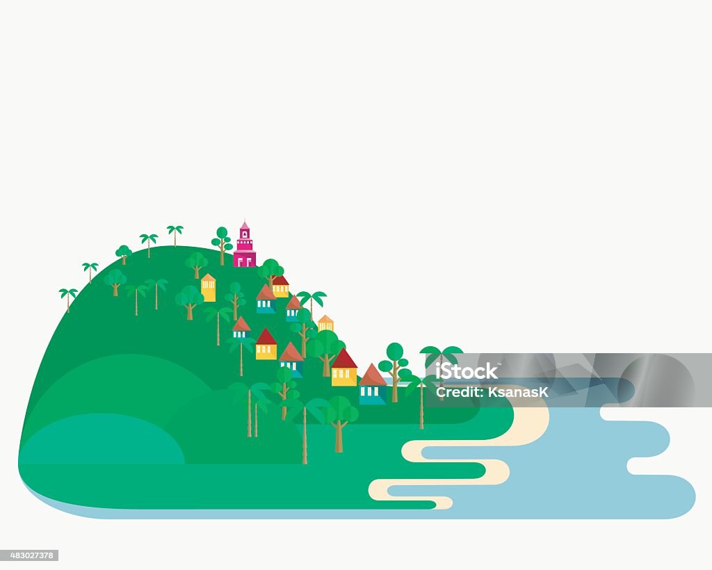 Somewhere In Cuba Illustration of abstract Caribbean landscape with beach and small tropical village at the hills between evergreen trees. Sandy coastline near blue ocean. Traveling theme series. Map element. Flat style. Vector file is EPS8. Village stock vector