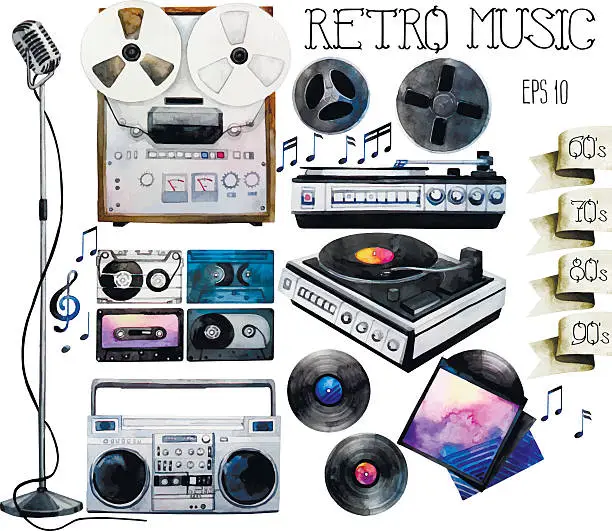 Vector illustration of Watercolor vinyl turntable and records, tape recorder and cassettes, reel tape recorder, microphone