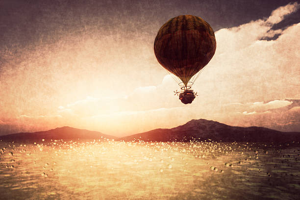 Steampunk airship flying over fantasy landscape.