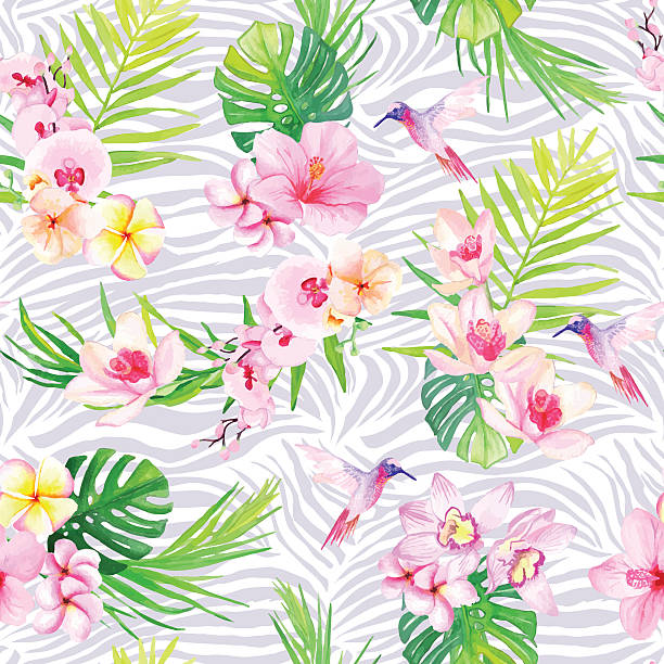 ilustraciones, imágenes clip art, dibujos animados e iconos de stock de cebra hummingbirds y flores con textura perfecta vector patrón - hawaiian orchid