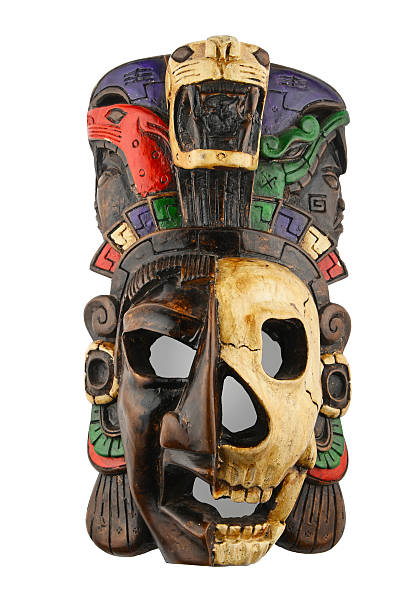 istock Mexican Mayan Aztec ceramic painted mask isolated on white 483036894
