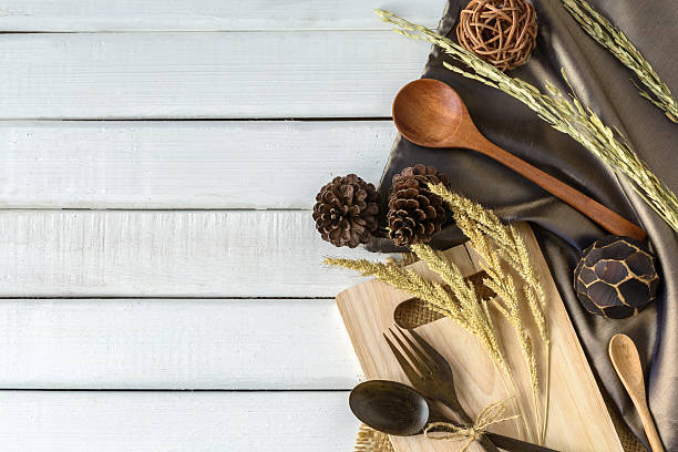 istock Decoration Seasonal table setting with wooden spoon and fork 483040784