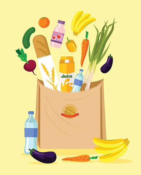 Vector illustration of Paper bag with food. Vector flat illustration