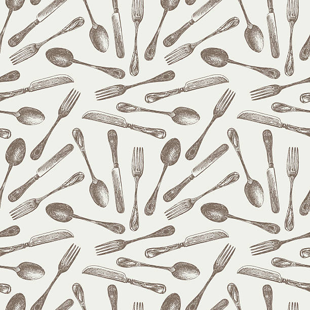 illustrazioni stock, clip art, cartoni animati e icone di tendenza di motivo delle stoviglie da tavola - fork silverware table knife spoon