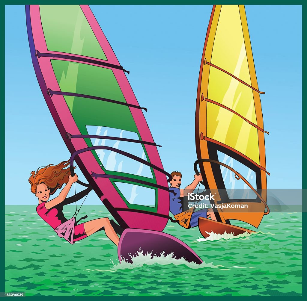 Couple Windsurfing High resolution JPG and Illustrator 10 EPS included.  Gradients were used. No transparencies.  Activity stock vector