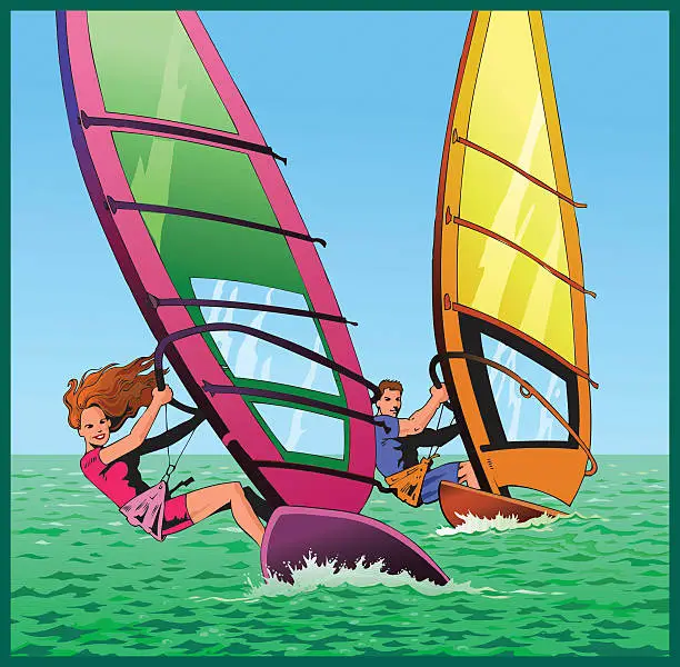 Vector illustration of Couple Windsurfing