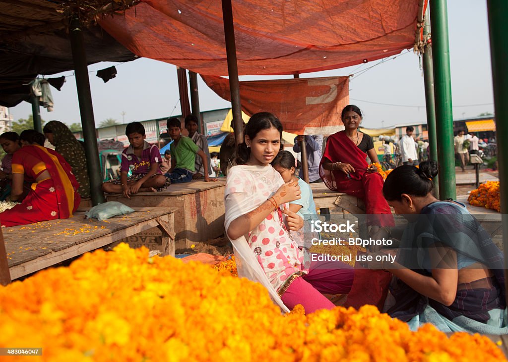 Hurtowa flower market, Nowe Delhi, Indie - Zbiór zdjęć royalty-free (Aksamitka)