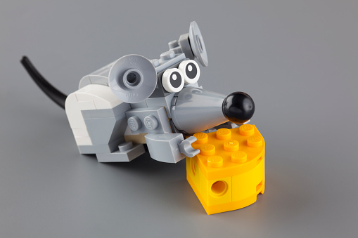 Tambov, Russian Federation - March 20, 2014: LEGO mouse with cheese on grey background. Studio shot.