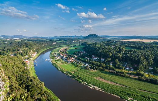Elbe River at Elbe Sandstone Mountains at day