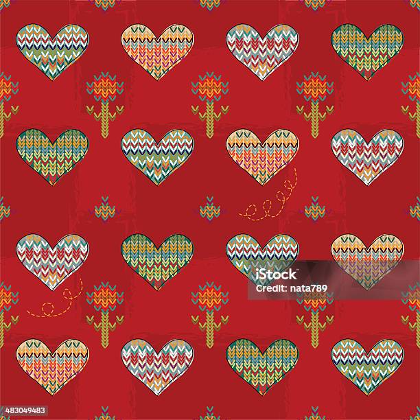 연속무늬 하트 꽃 뜨개 On 버건디 공예에 대한 스톡 벡터 아트 및 기타 이미지 - 공예, 닫은, 발렌타인 카드