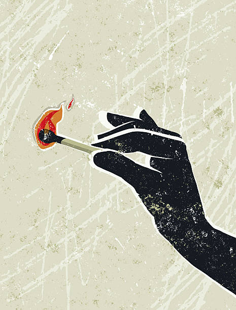 Hand Holding a Burning Match Strike a Light! A stylized vector cartoon of a hand holding a flaming match, reminiscent of an old screen print poster and suggesting consequences, risk, danger, flame, burned out or fragility. Match, hand, paper texture, and background are on different layers for easy editing. Please note: clipping paths have been used, an eps version is included without the path. lit match stock illustrations