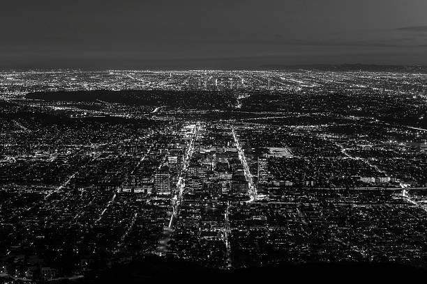 Gelndale and Los Angeles Night Aerial Black and White Glendale and downtown Los Angeles aerial night black and white. eagle rock stock pictures, royalty-free photos & images