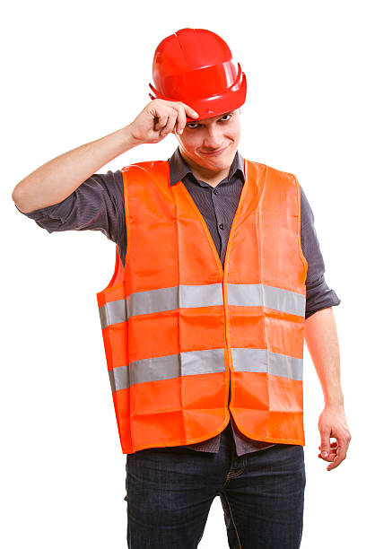 istock Man worker in safety vest hard hat. Safety in work. 483050491