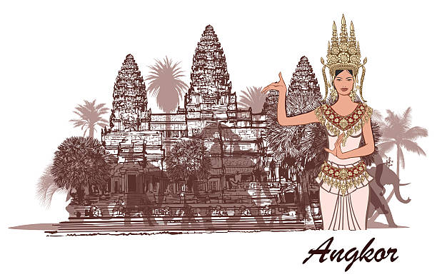 ilustraciones, imágenes clip art, dibujos animados e iconos de stock de angkor wat con elefantes, palmeras y apasara - khmer