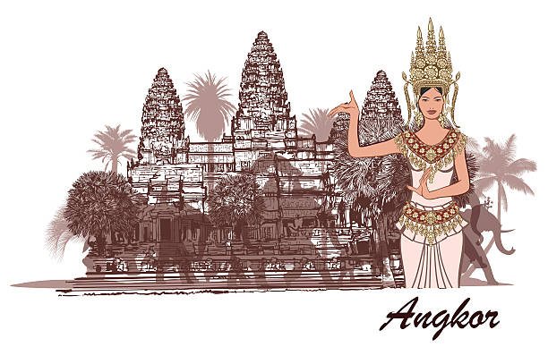 illustrations, cliparts, dessins animés et icônes de "angkor vat avec des éléphants, des palmiers et apasara" - khmer