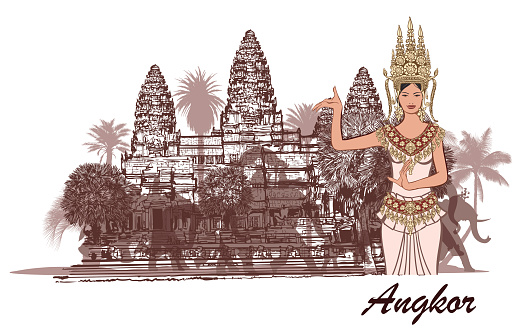 Angkor wat with elephants, palm trees and apsara- vector illustration