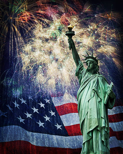 Statue of Liberty and Fireworks stock photo